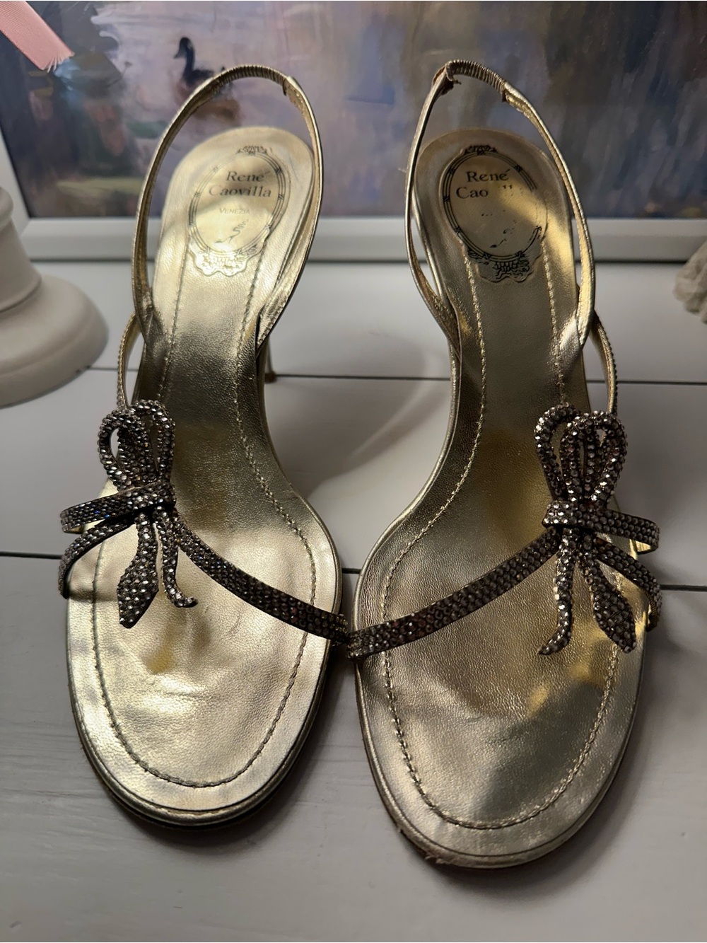 Rene Caovilla Metallic Gold Crystal Bow Slingback Heels